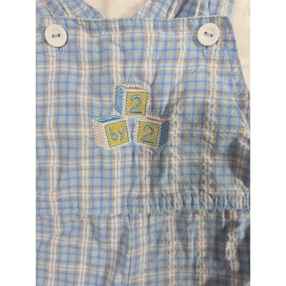 Y2K Vintage BT Kids Baby Boy Noah Ark Plaid Overall Hat Set 6-9M